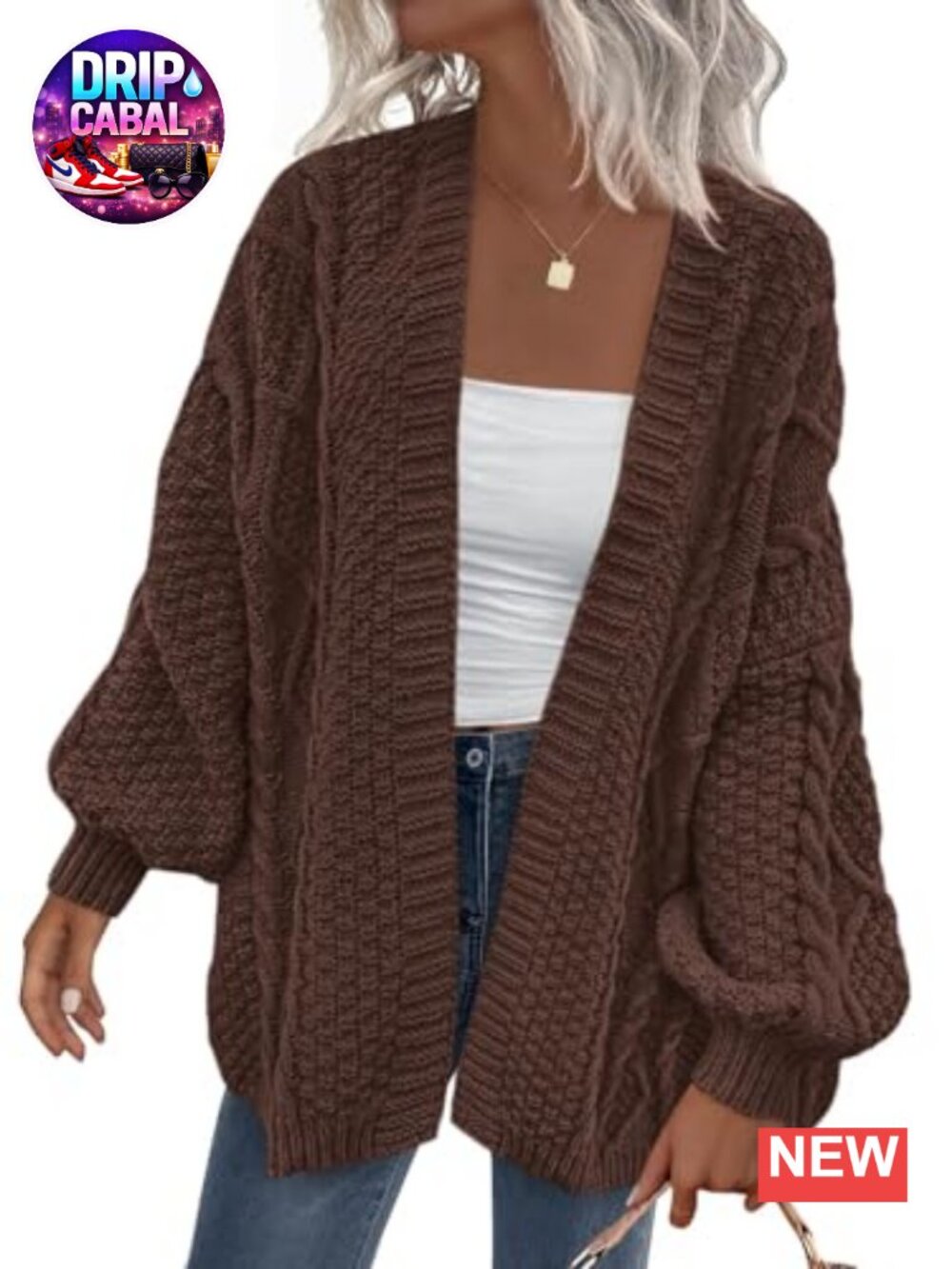 Cable Knit Open Front Chunky Cardigan Lantern Sleeve Oversized Sweater